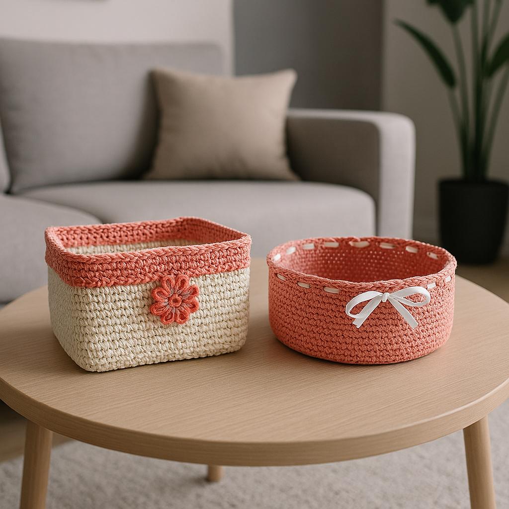 Contenitori all'uncinetto bianco e rosa